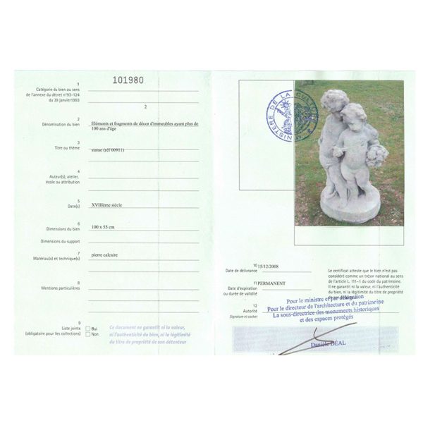 Certificat d'exportation de la statue ancienne