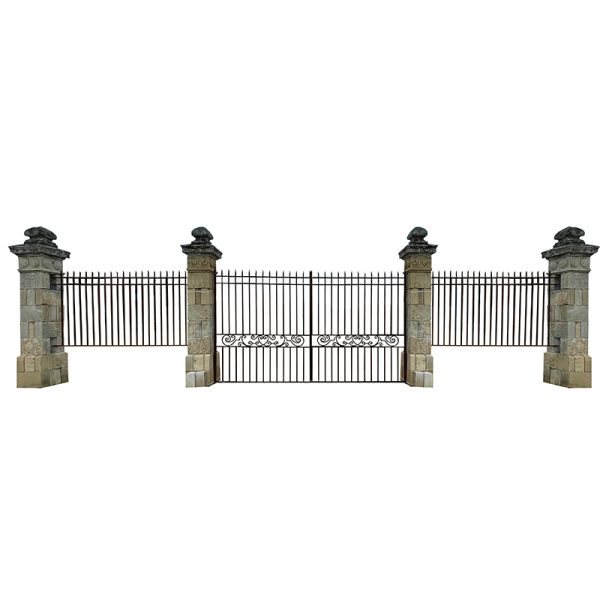 Entrée de propriété style directoire avec 4 piliers en pierre, un portail et des grilles en fer