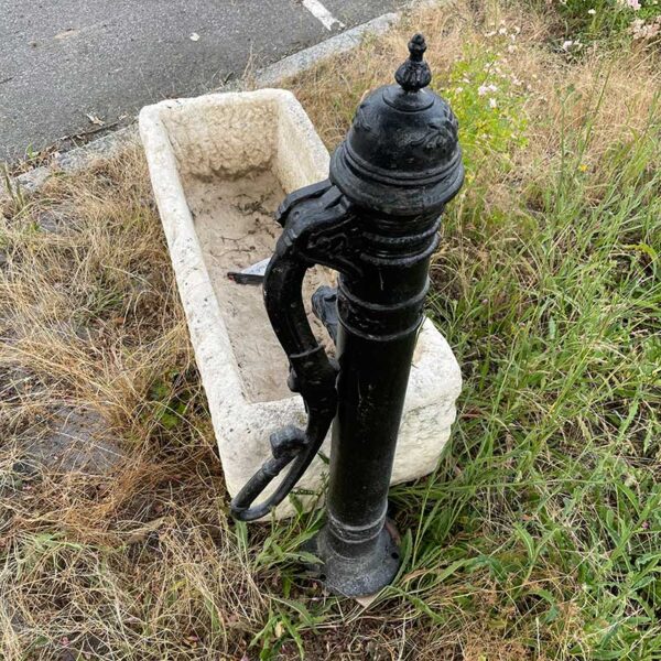 Ancienne pompe manuelle en fonte avec son auge