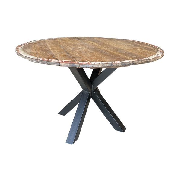 Table ronde en vieux chêne de tonneau et pieds métalliques