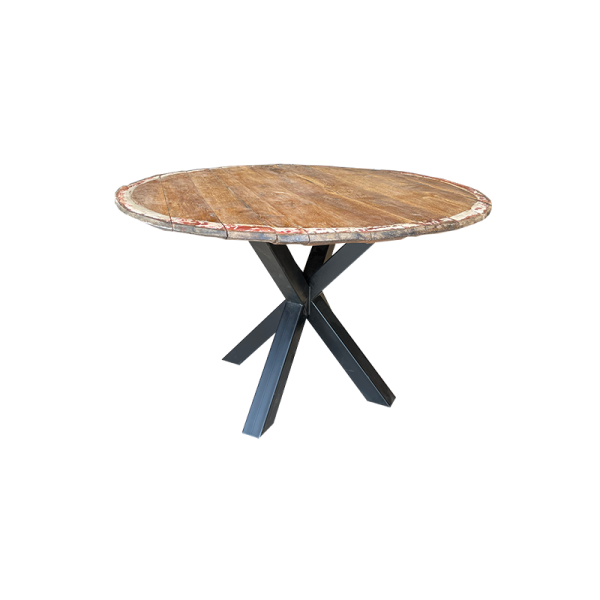 Table ronde en vieux chêne de tonneau et pieds métalliques