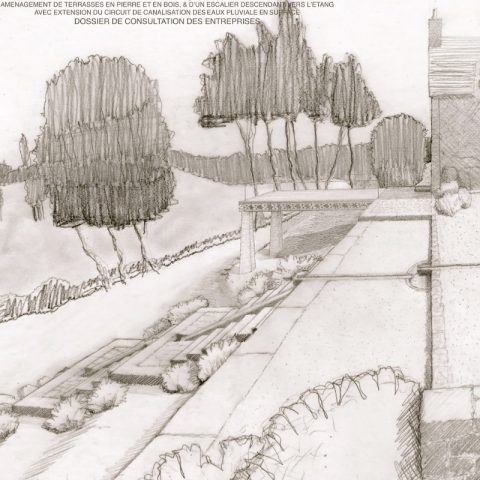 Croquis dessin d'un aménagement d'une terrasse en pierre et en bois et d'un escalier descendant vers l'étang avec une extension du circuit de canalisation des eaux pluviales en surface