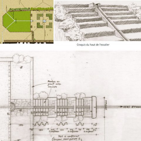 Dessin à la main et plan d'architecture pour la création d'un caniveau en pierre d'un aménagement d'une ferme