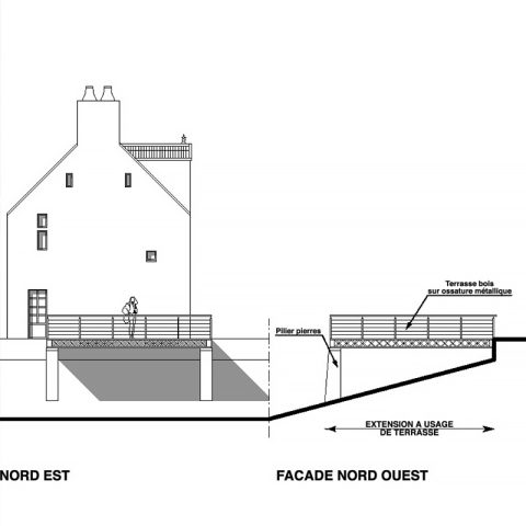 Plan de coupe d'une terrasse sur pilier avec ossature métallique