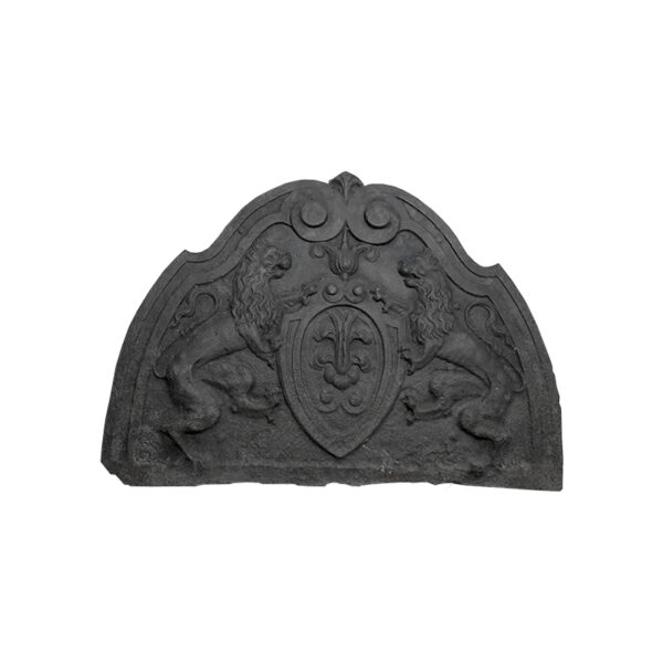 Plaque de cheminée ancienne avec blason et lions